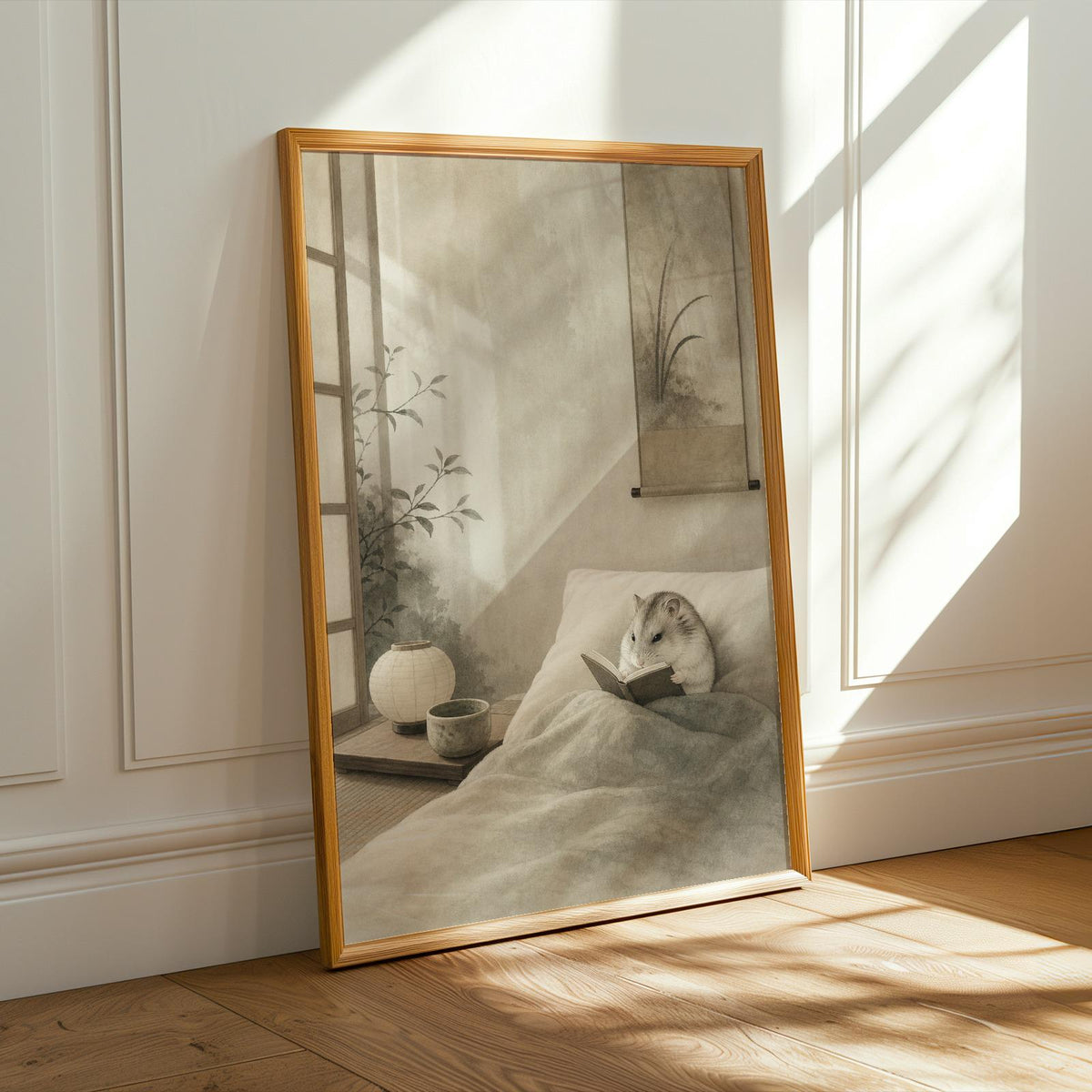 Alternate product presentation of Pearl Dwarf Hamster Reading in Bed Poster.