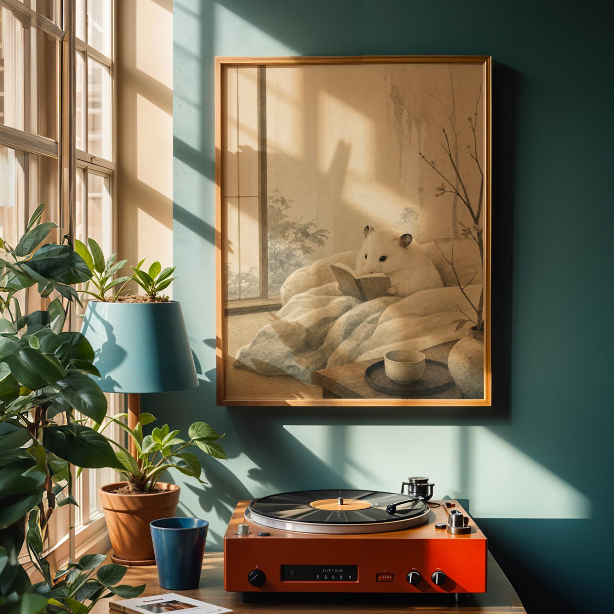 Alternate product view of White Syrian Hamster Reading in Bed Poster.