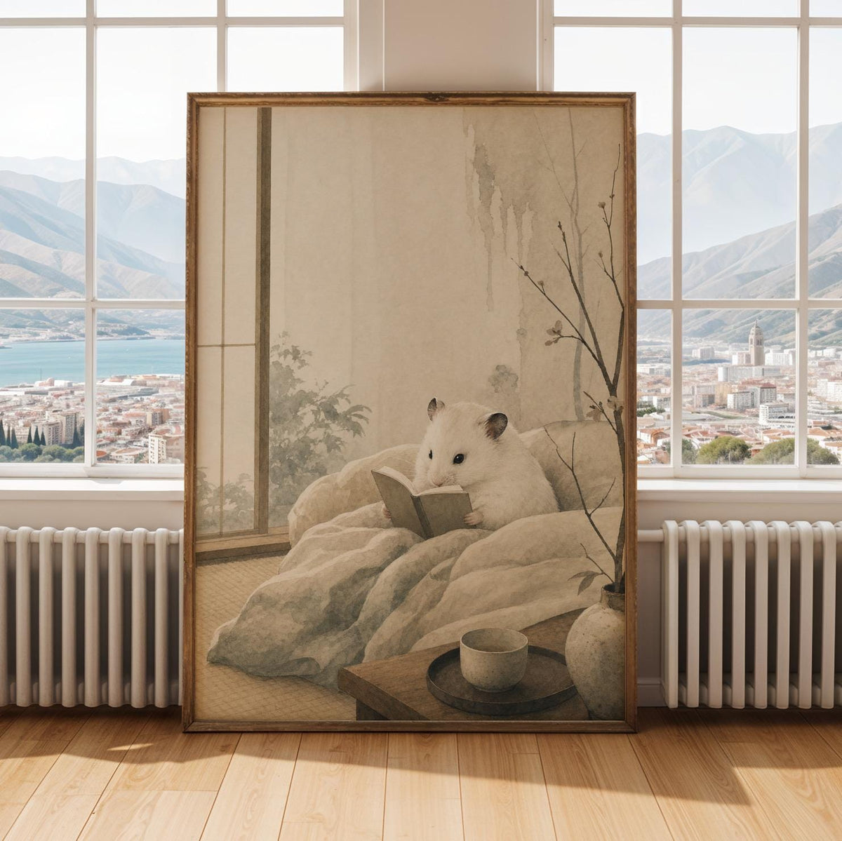 Alternate gallery view of White Syrian Hamster Reading in Bed Poster.