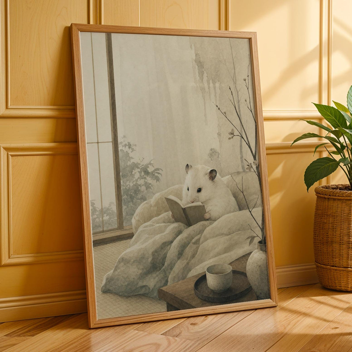Additional product presentation of White Syrian Hamster Reading in Bed Poster.
