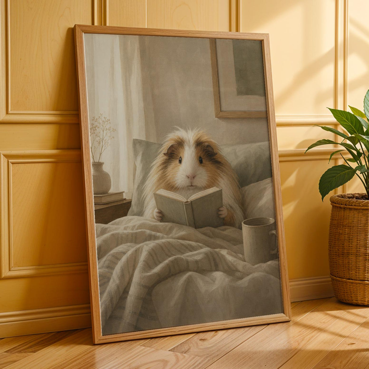 Additional product presentation of Sheltie Guinea Pig Reading in Bed Poster.