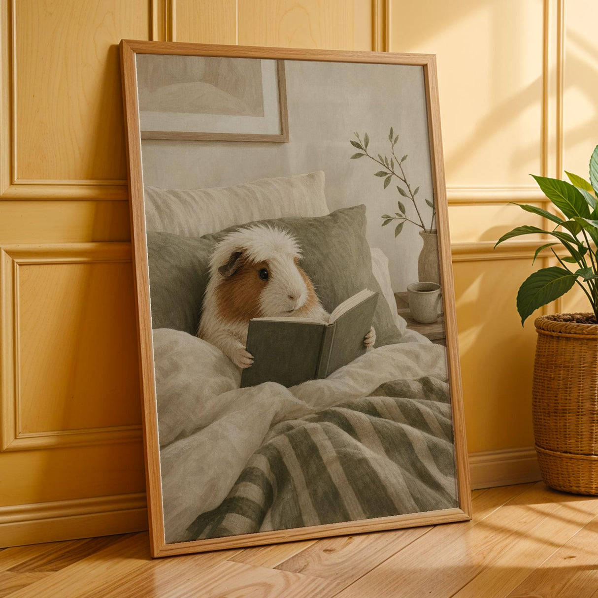 Additional product presentation of White Crested Guinea Pig Reading in Bed Poster.