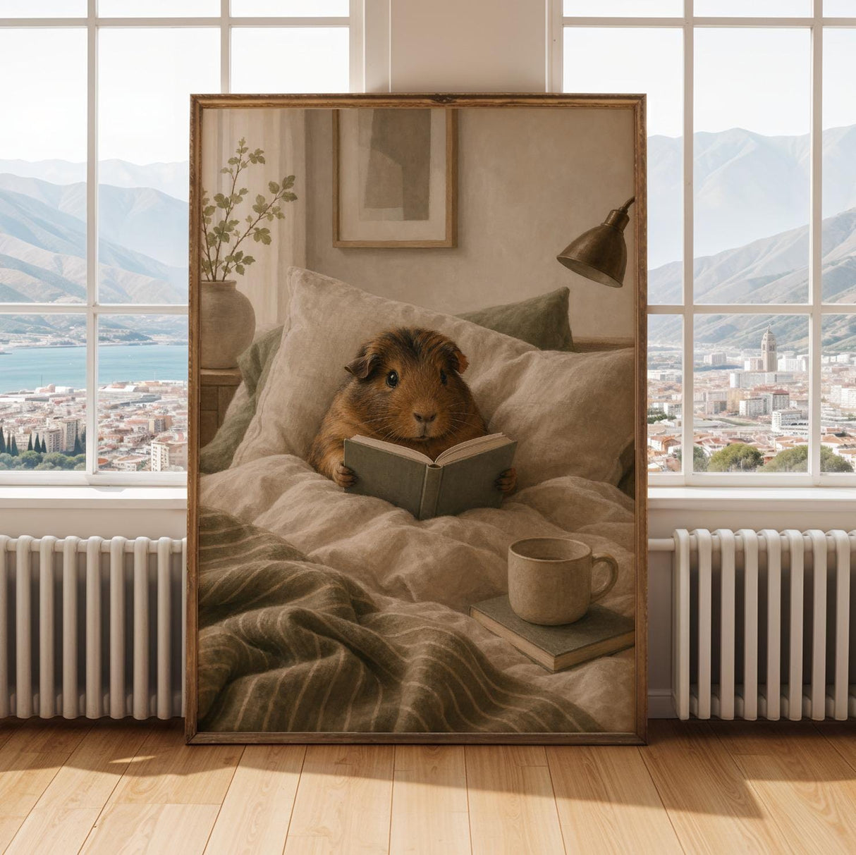 Alternate gallery view of Abyssinian Guinea Pig Reading in Bed Poster.