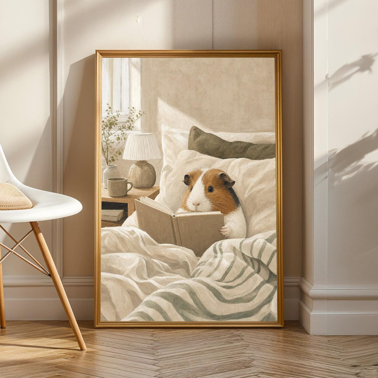 Product view of American Guinea Pig Reading in Bed Poster.