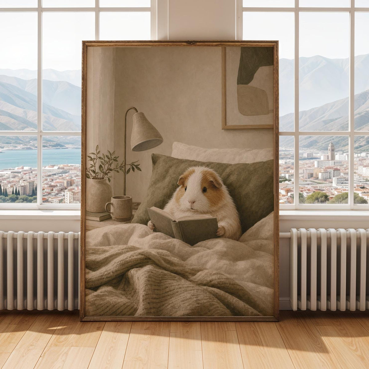 Alternate gallery view of Alpaca Guinea Pig Reading in Bed Poster.