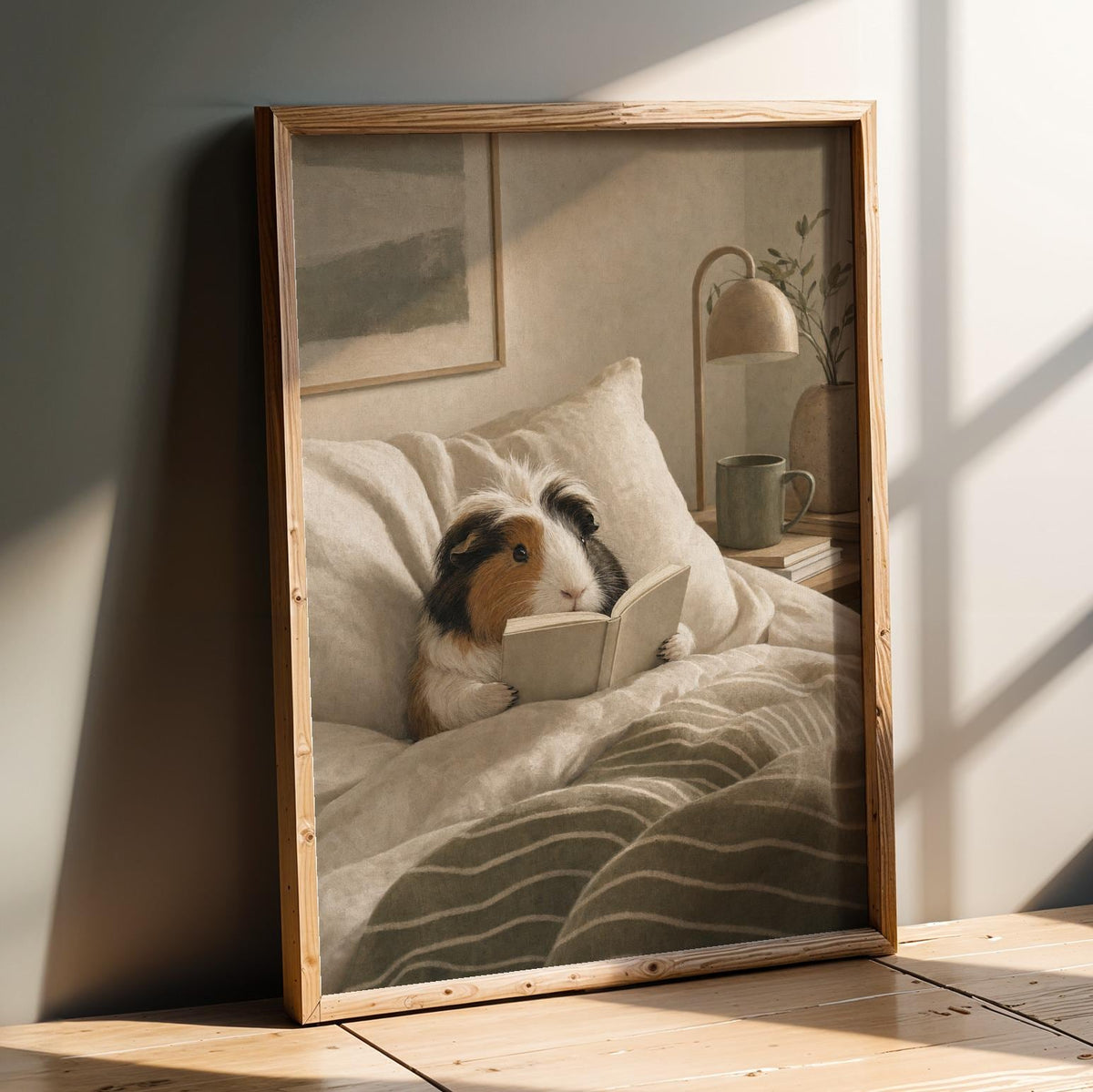 Product presentation view of Coronet Guinea Pig Reading in Bed Poster.