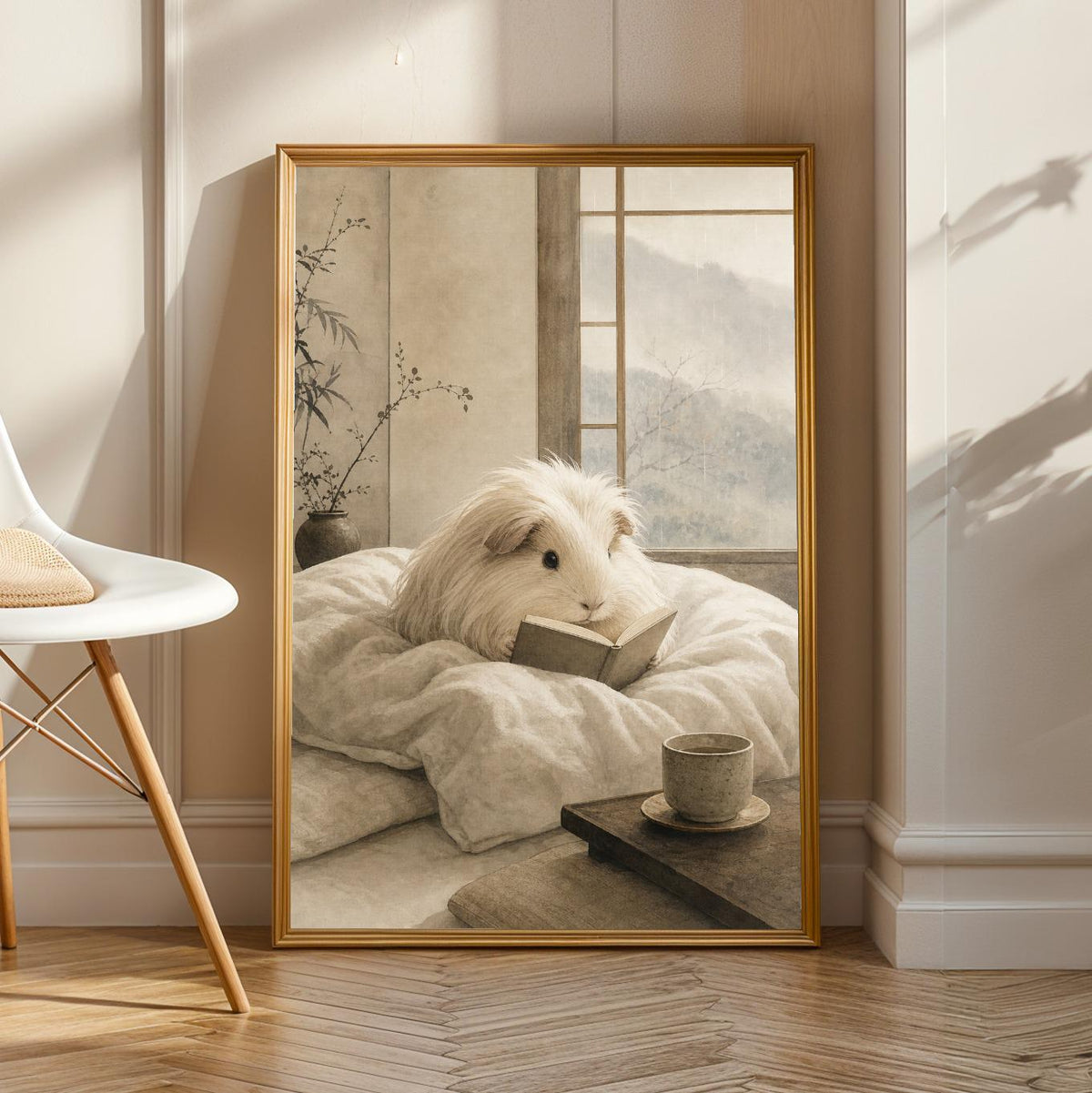 Product view of Silkie Guinea Pig Reading in Bed Poster.