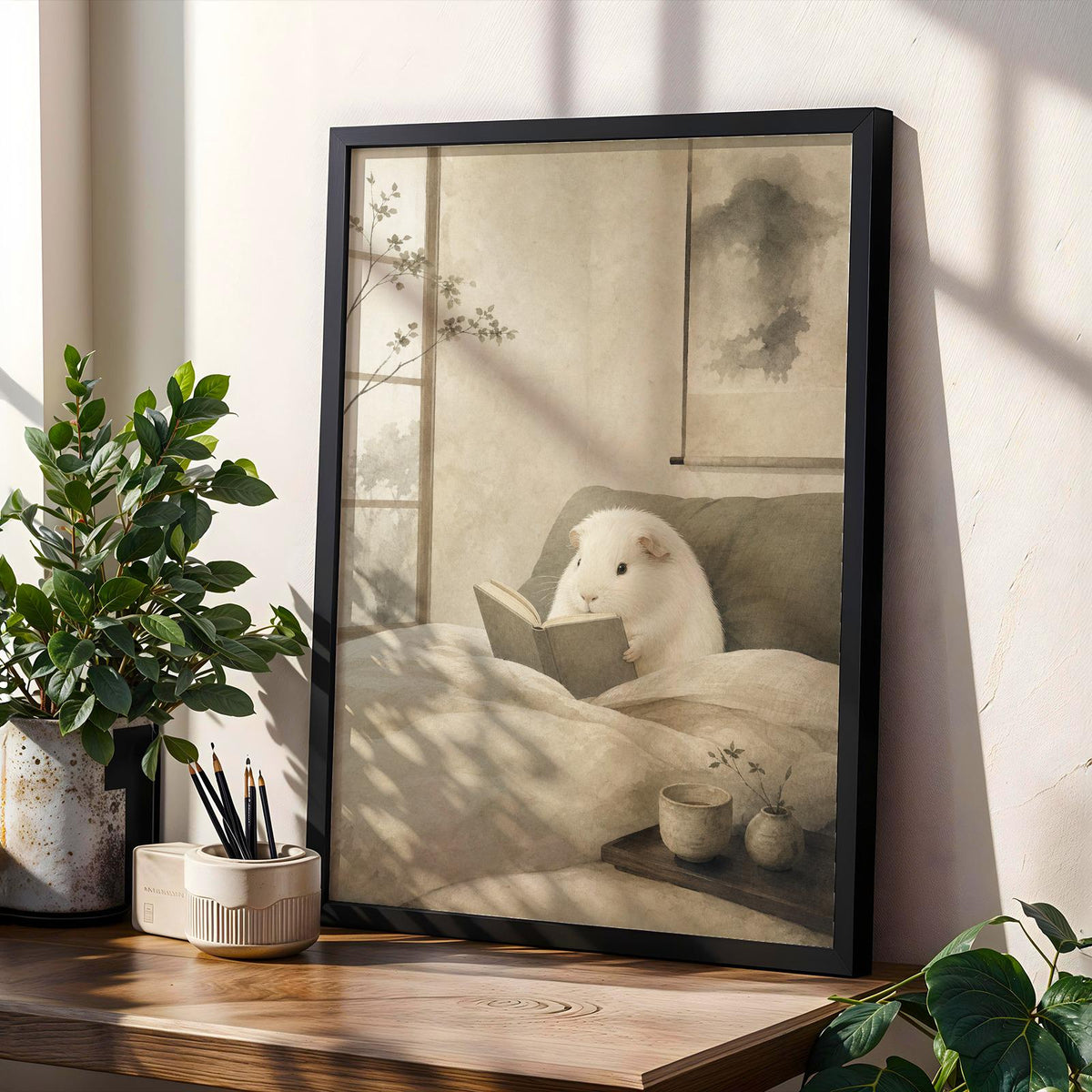 Product gallery view of White Guinea Pig Reading in Bed Poster.