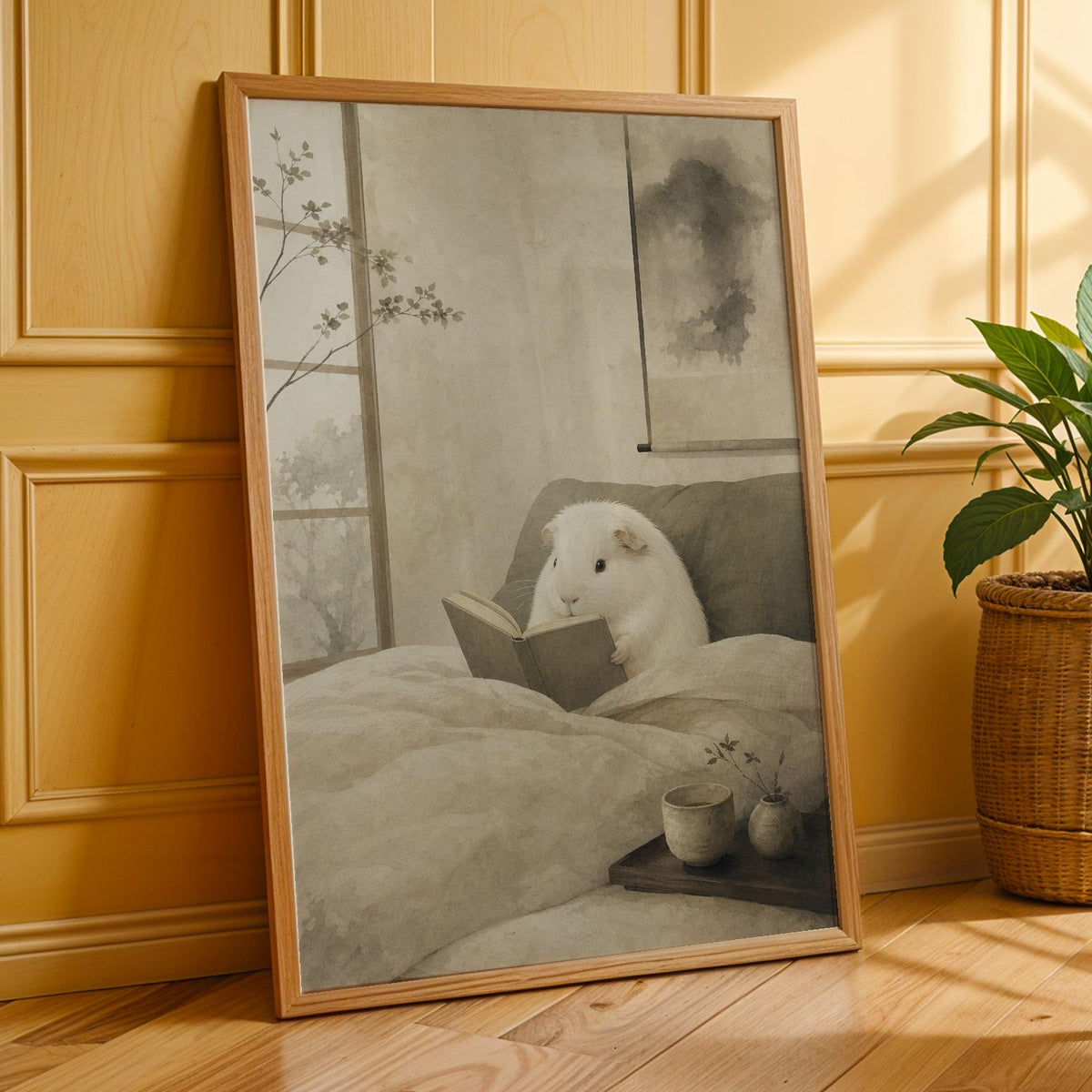 Additional product presentation of White Guinea Pig Reading in Bed Poster.