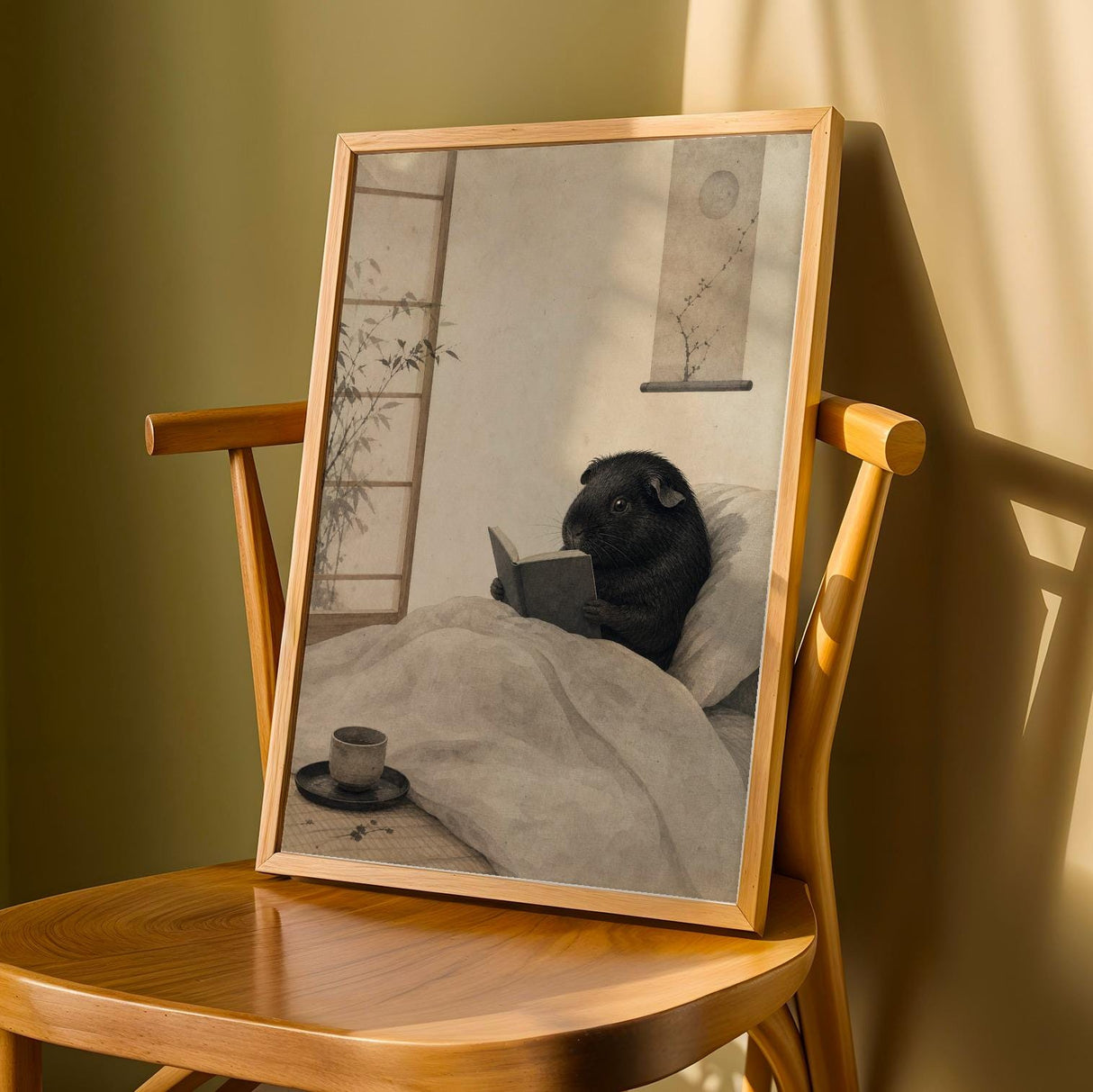 Product detail view of Black Guinea Pig Reading in Bed Poster.