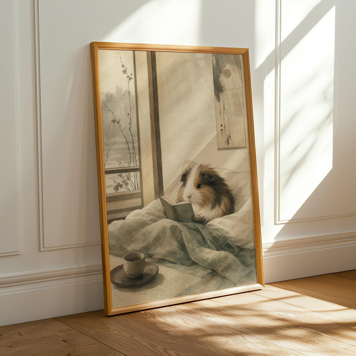 Alternate product presentation of Sheltie Guinea Pig Reading in Bed Poster.