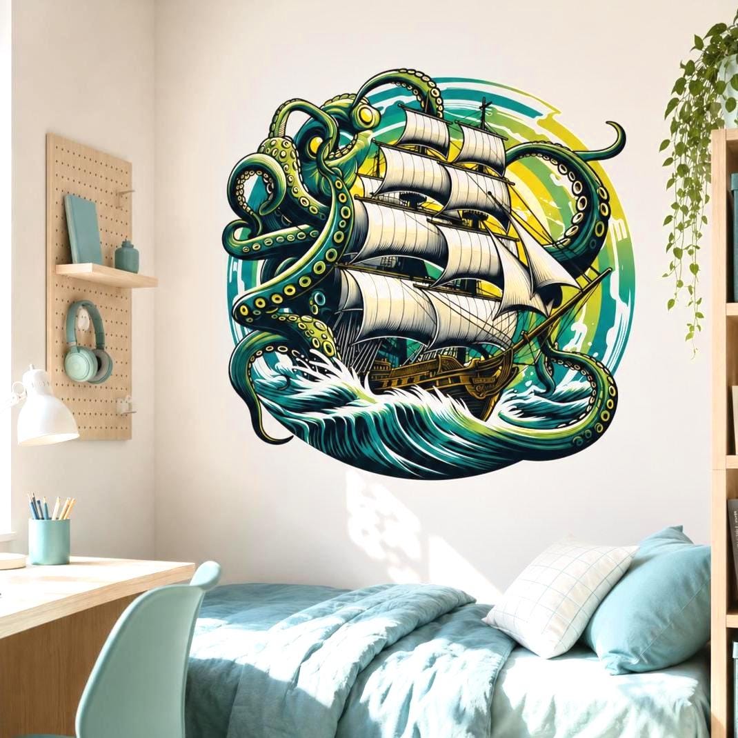Kraken Pirate Ship Wall Vinyl Decal displayed in a room setting.