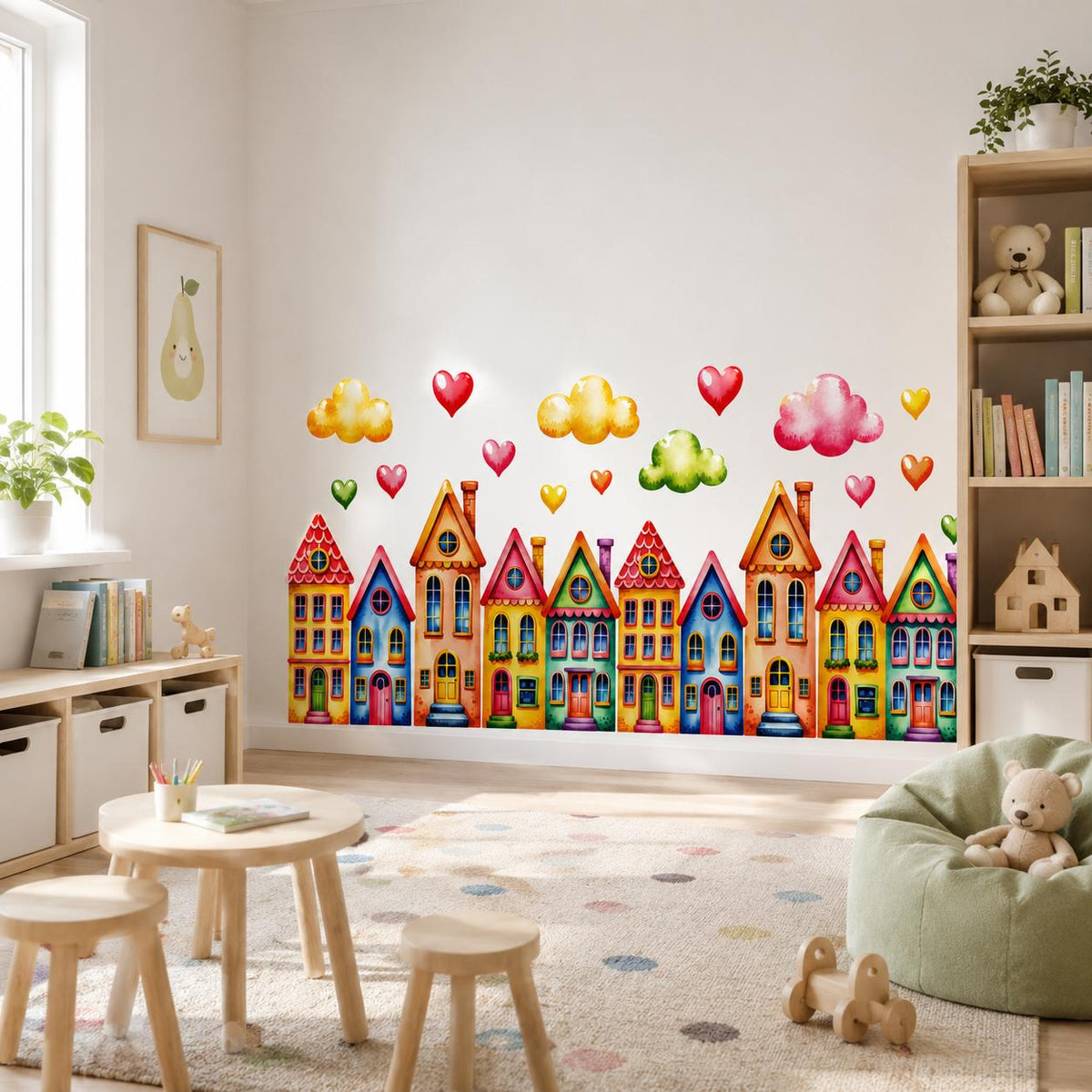 Alternate product presentation of Colorful Watercolor Houses Wall Vinyl Decal.