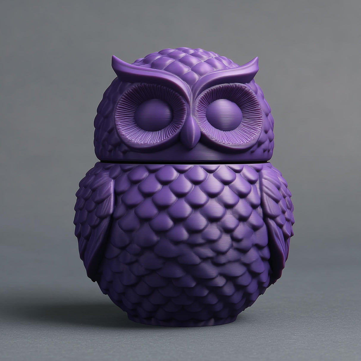 Detailed 3D printed owl-shaped memorial urn with removable lid in matte PLA displayed against a soft gray background.