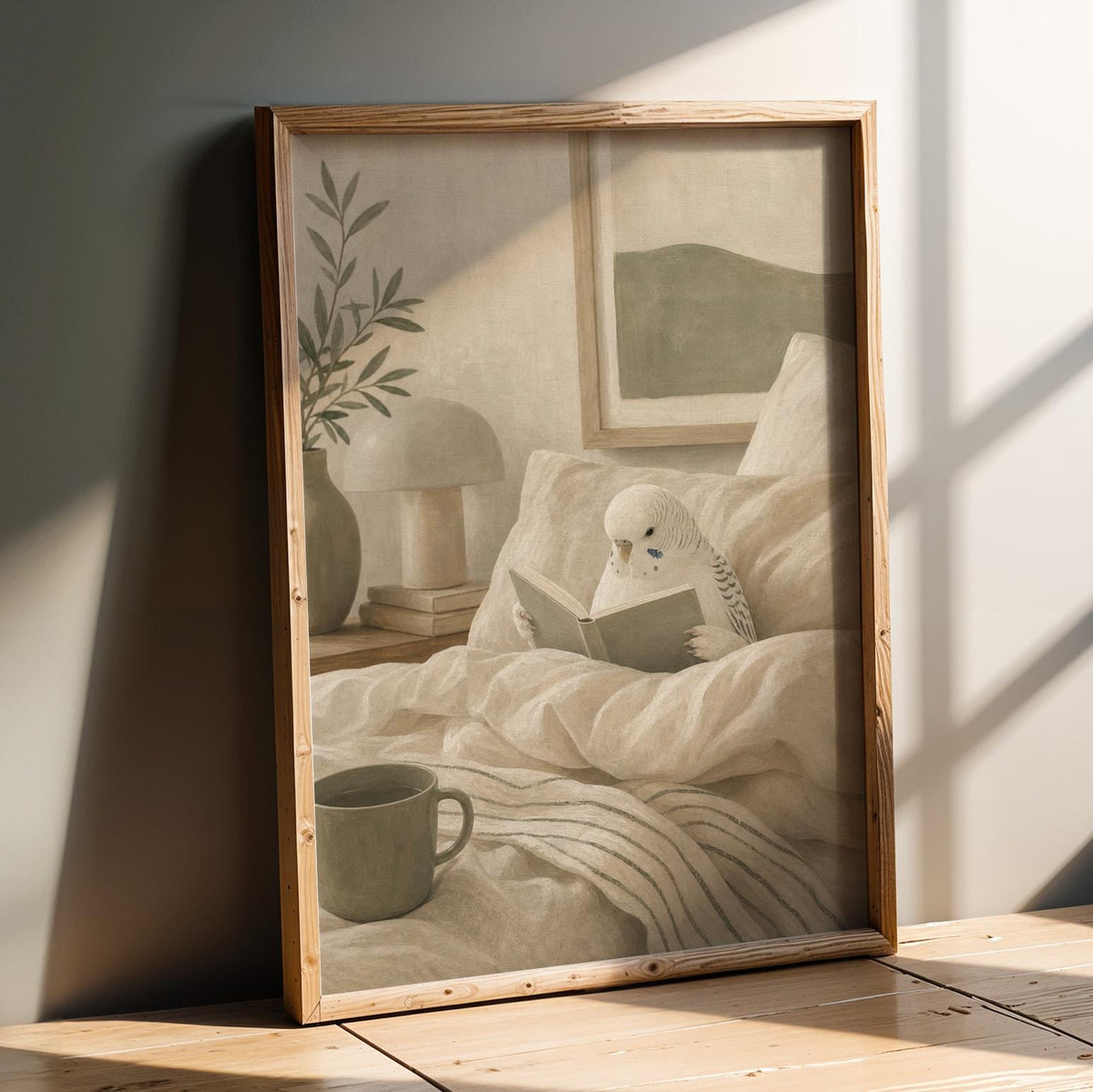 Product presentation view of White Budgerigar Reading in Bed Poster.