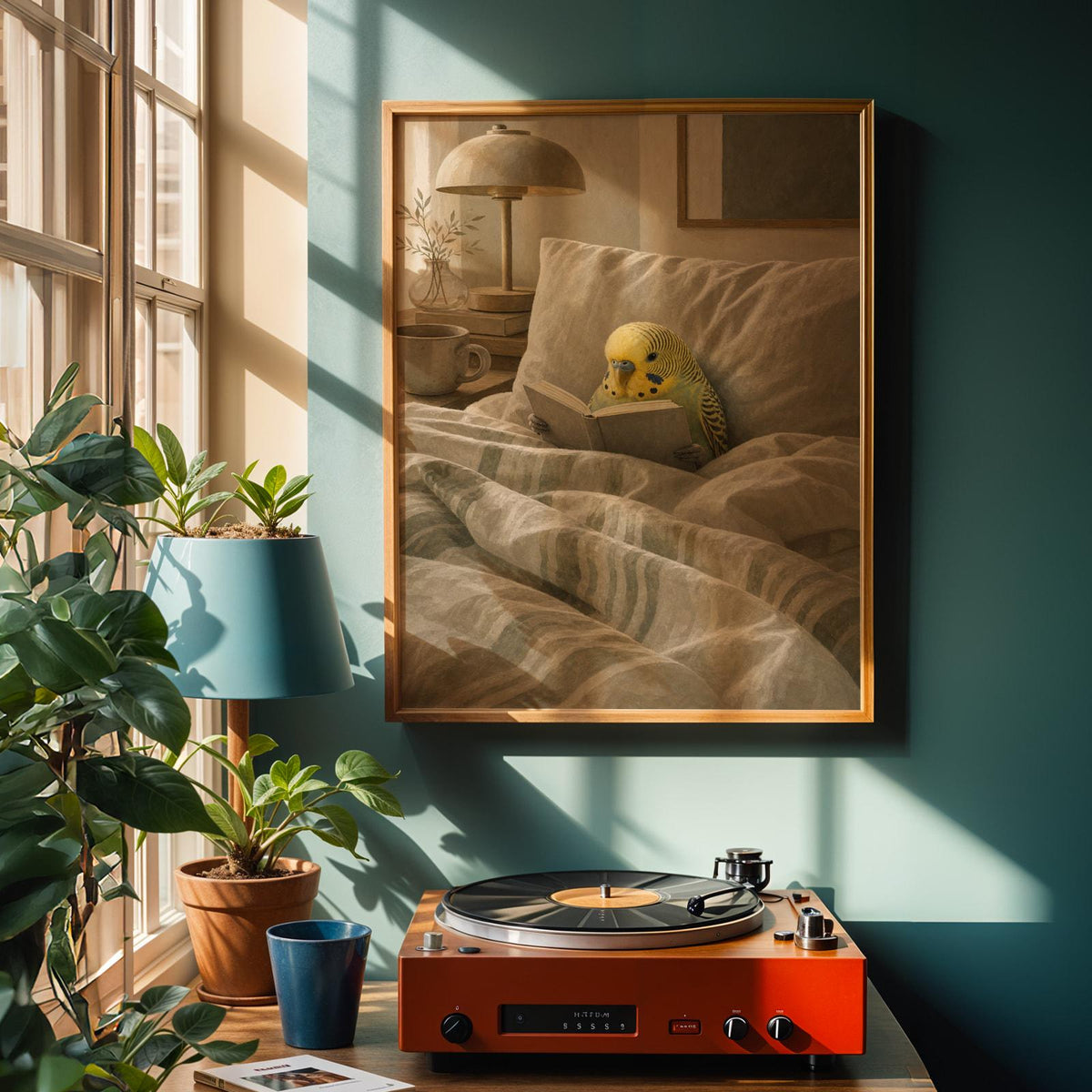 Alternate product view of Yellowface Budgerigar Reading in Bed Poster.