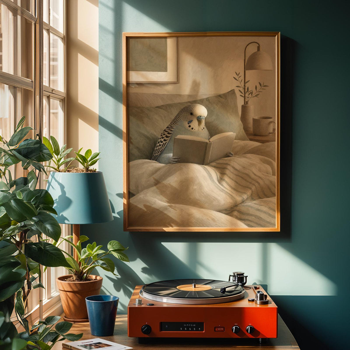 Alternate product view of English Budgerigar Reading in Bed Poster.