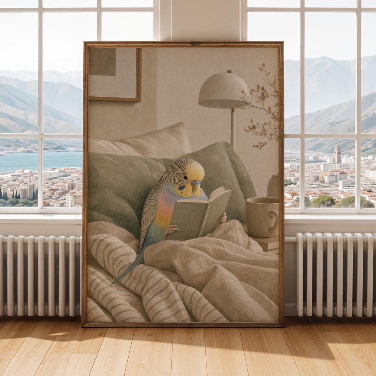 Alternate gallery view of Rainbow Budgerigar Reading in Bed Poster.