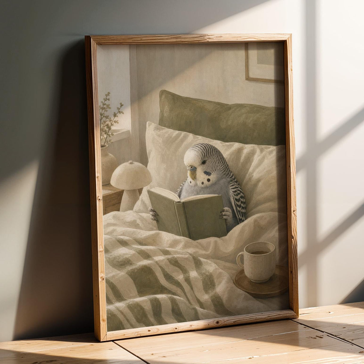 Product presentation view of Grey Budgerigar Reading in Bed Poster.