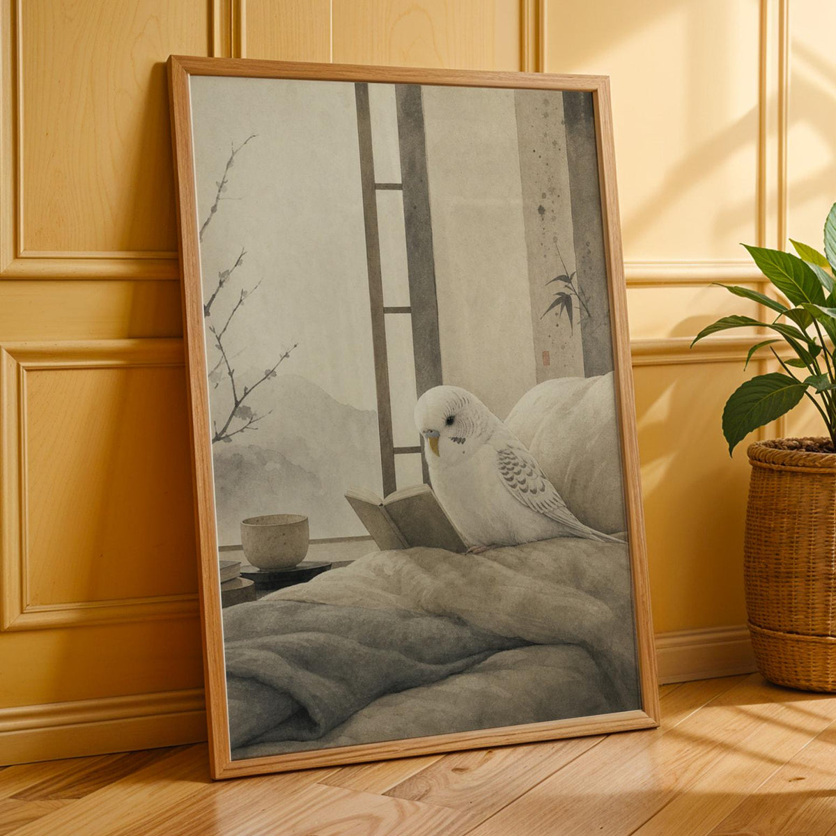 Additional product presentation of White Budgerigar Reading in Bed Poster.
