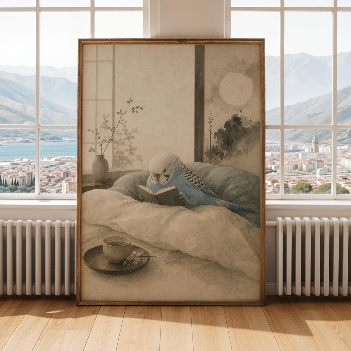 Alternate gallery view of Sky Blue Budgerigar Reading in Bed Poster.