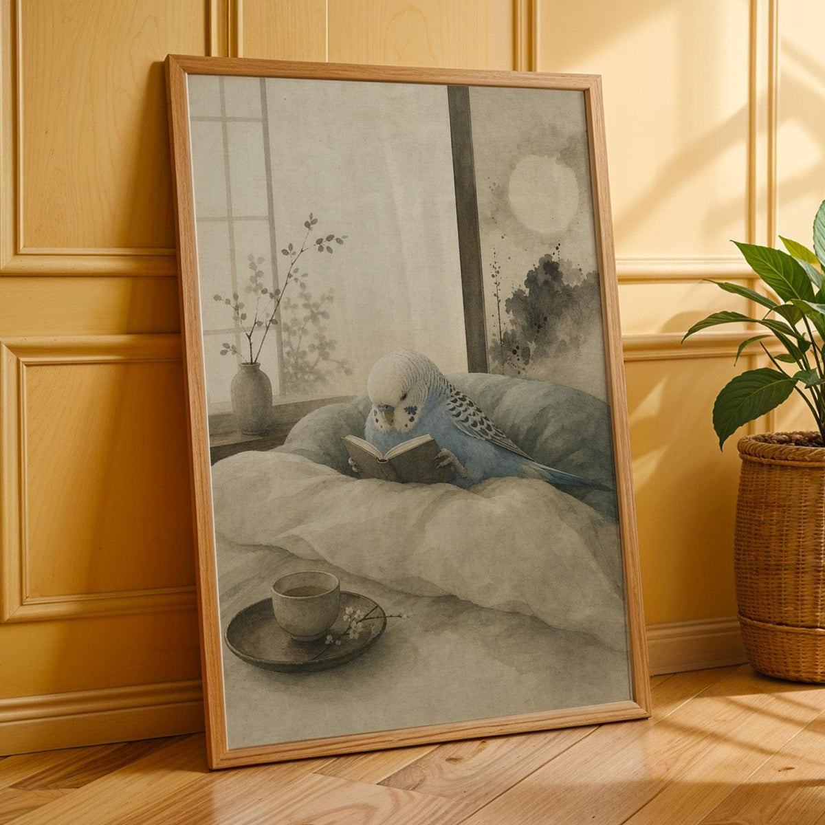Additional product presentation of Sky Blue Budgerigar Reading in Bed Poster.