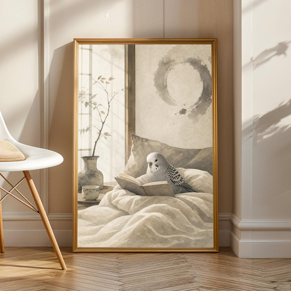 Budgerigar reading in bed poster in Japanese Zen ink wash style.