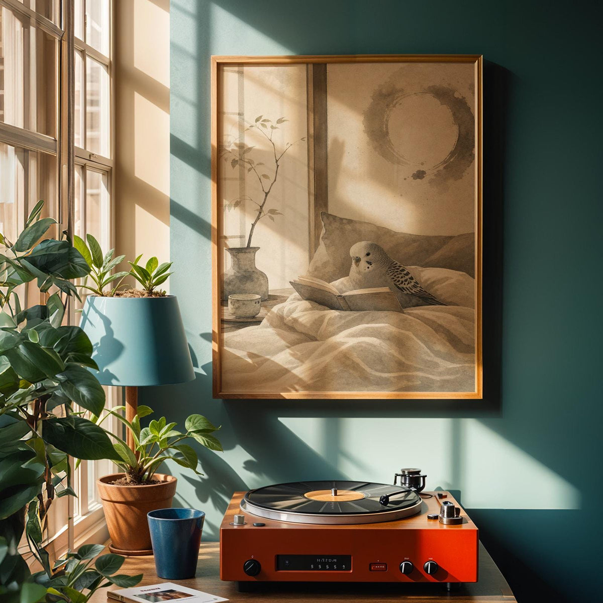 Product view of Budgerigar Reading in Bed Poster.