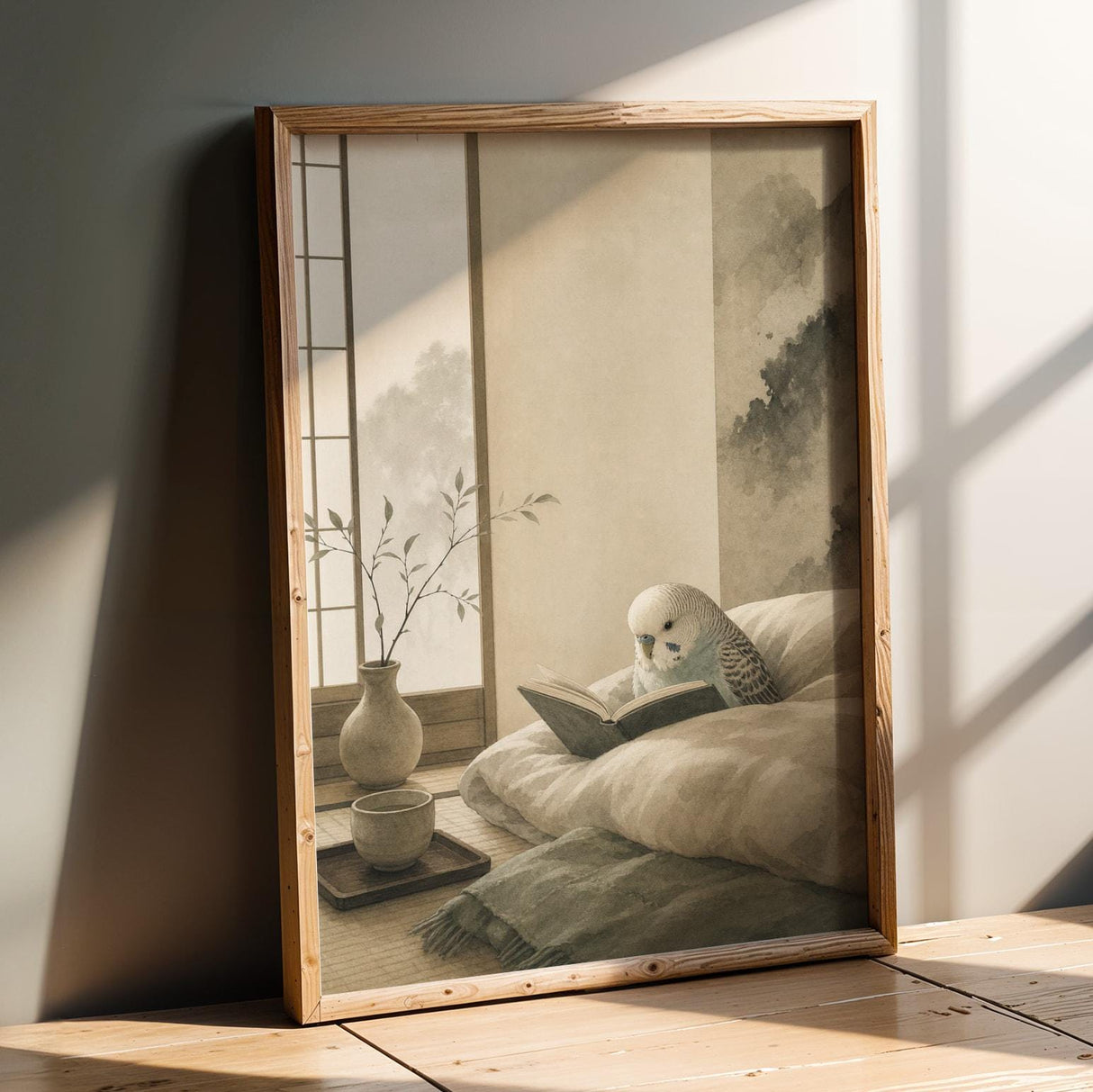 Product presentation view of English Budgerigar Reading in Bed Poster.