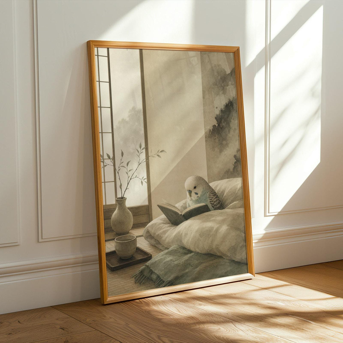 Alternate product presentation of English Budgerigar Reading in Bed Poster.