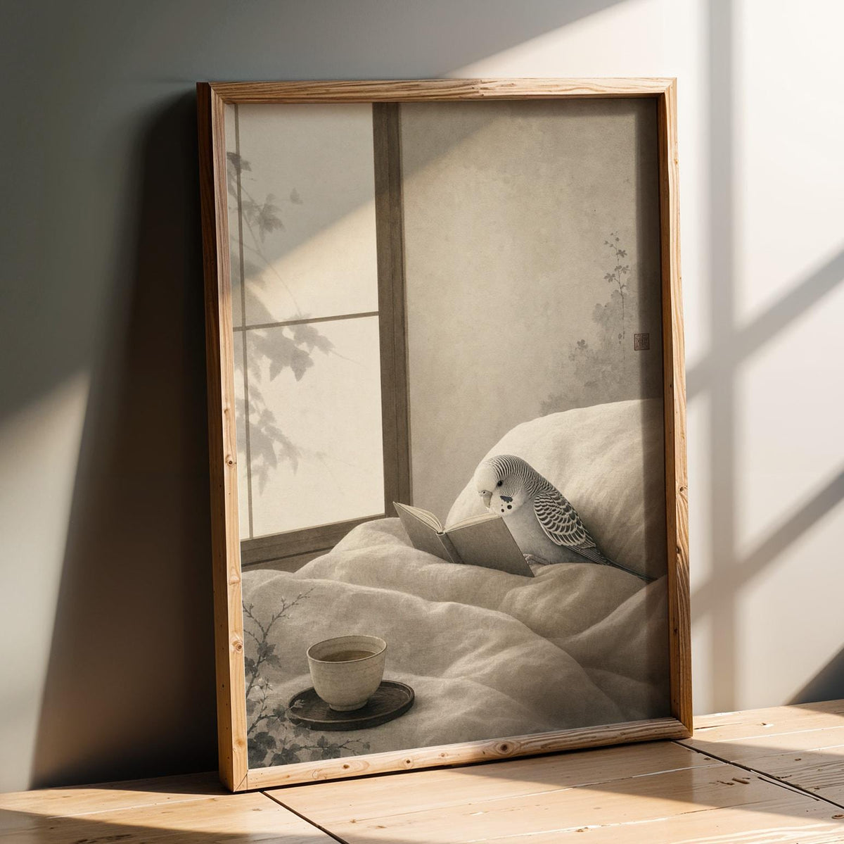 Product presentation view of Silver Budgerigar Reading in Bed Poster.