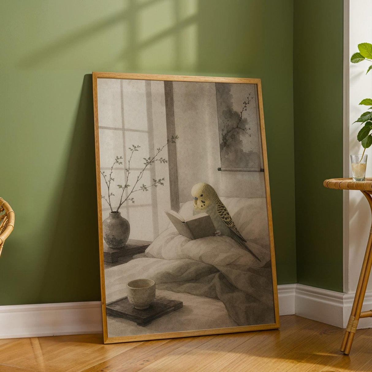 Additional product detail of Yellowface Budgerigar Reading in Bed Poster.