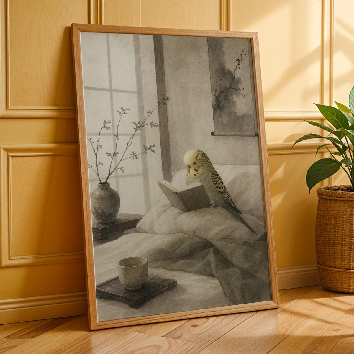Additional product presentation of Yellowface Budgerigar Reading in Bed Poster.