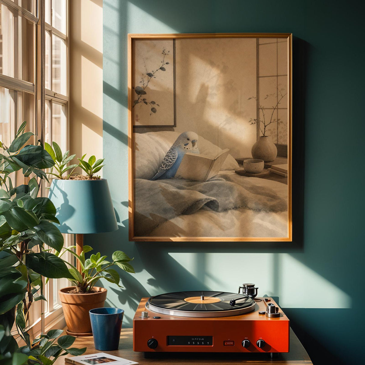 Alternate product view of Pastel Blue Budgerigar Reading in Bed Poster.
