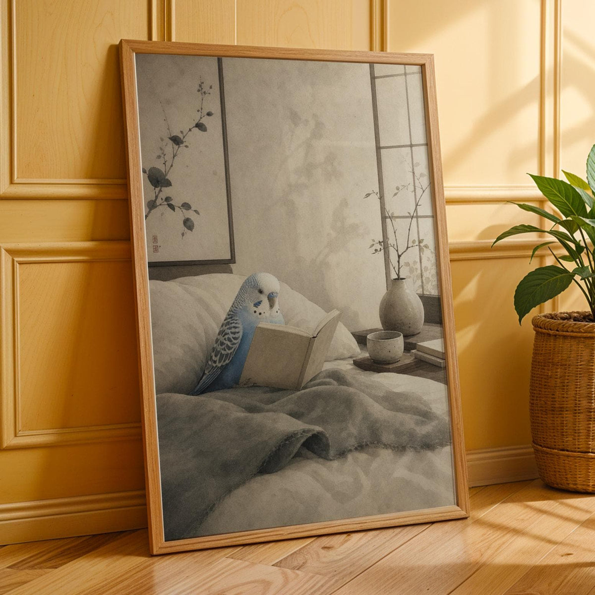 Additional product presentation of Pastel Blue Budgerigar Reading in Bed Poster.