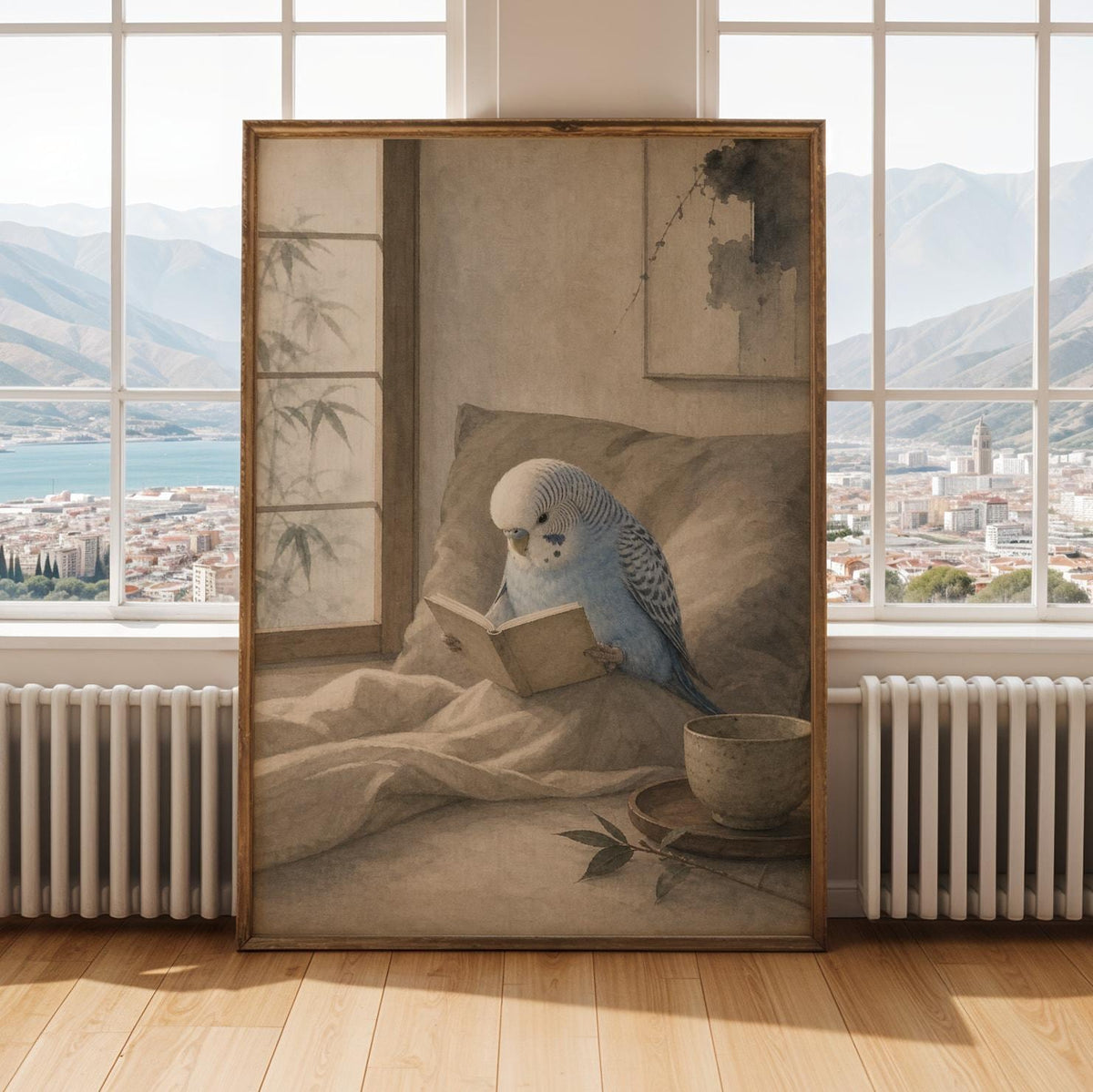 Alternate gallery view of Light Blue Budgerigar Reading in Bed Poster.
