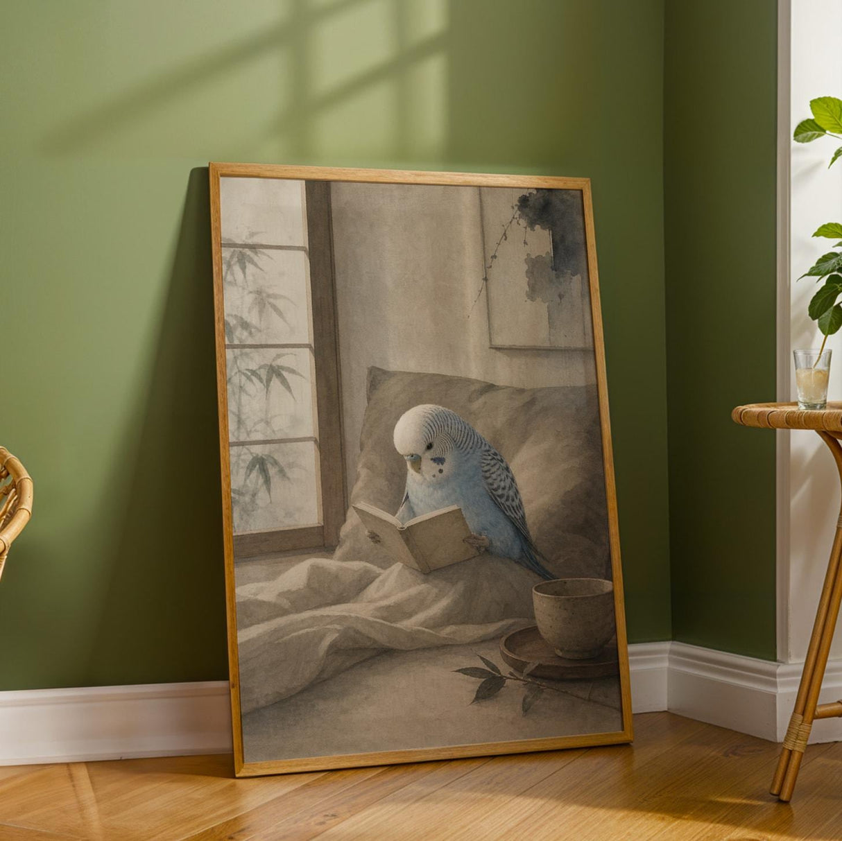 Additional product detail of Light Blue Budgerigar Reading in Bed Poster.