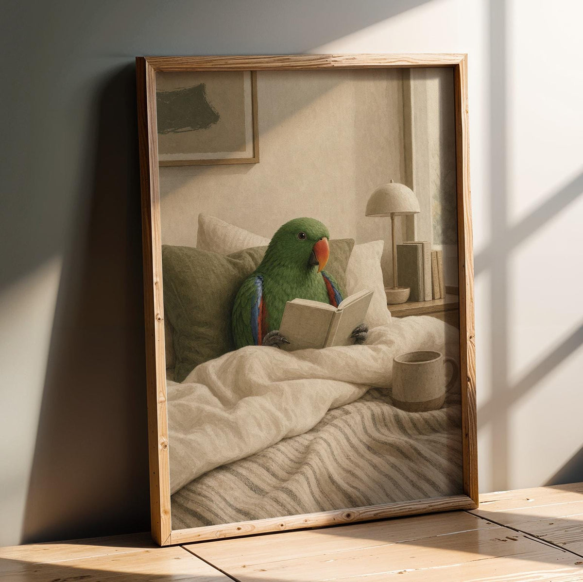 Product presentation view of Silver Budgerigar Reading in Bed Poster.