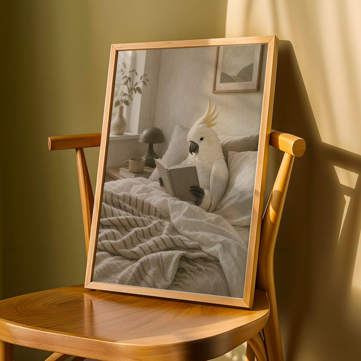 Product detail view of White Cockatoo Reading in Bed Poster.