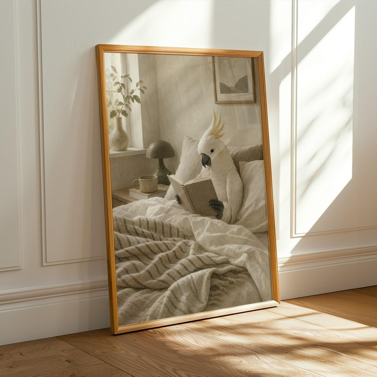 Alternate product presentation of White Cockatoo Reading in Bed Poster.