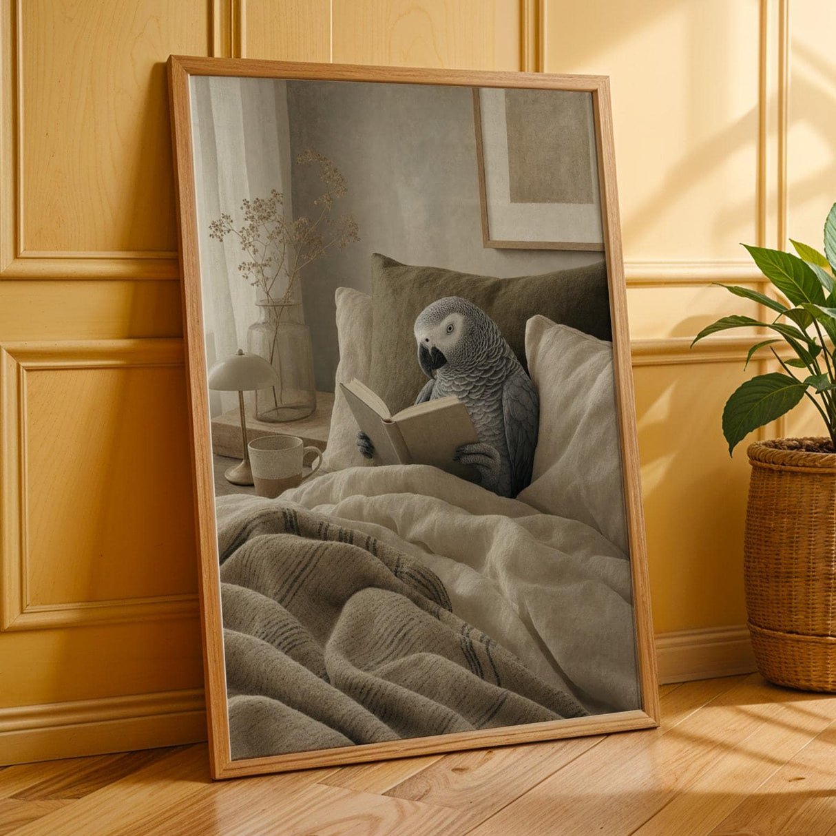Additional product presentation of African Grey Parrot Reading in Bed Poster.