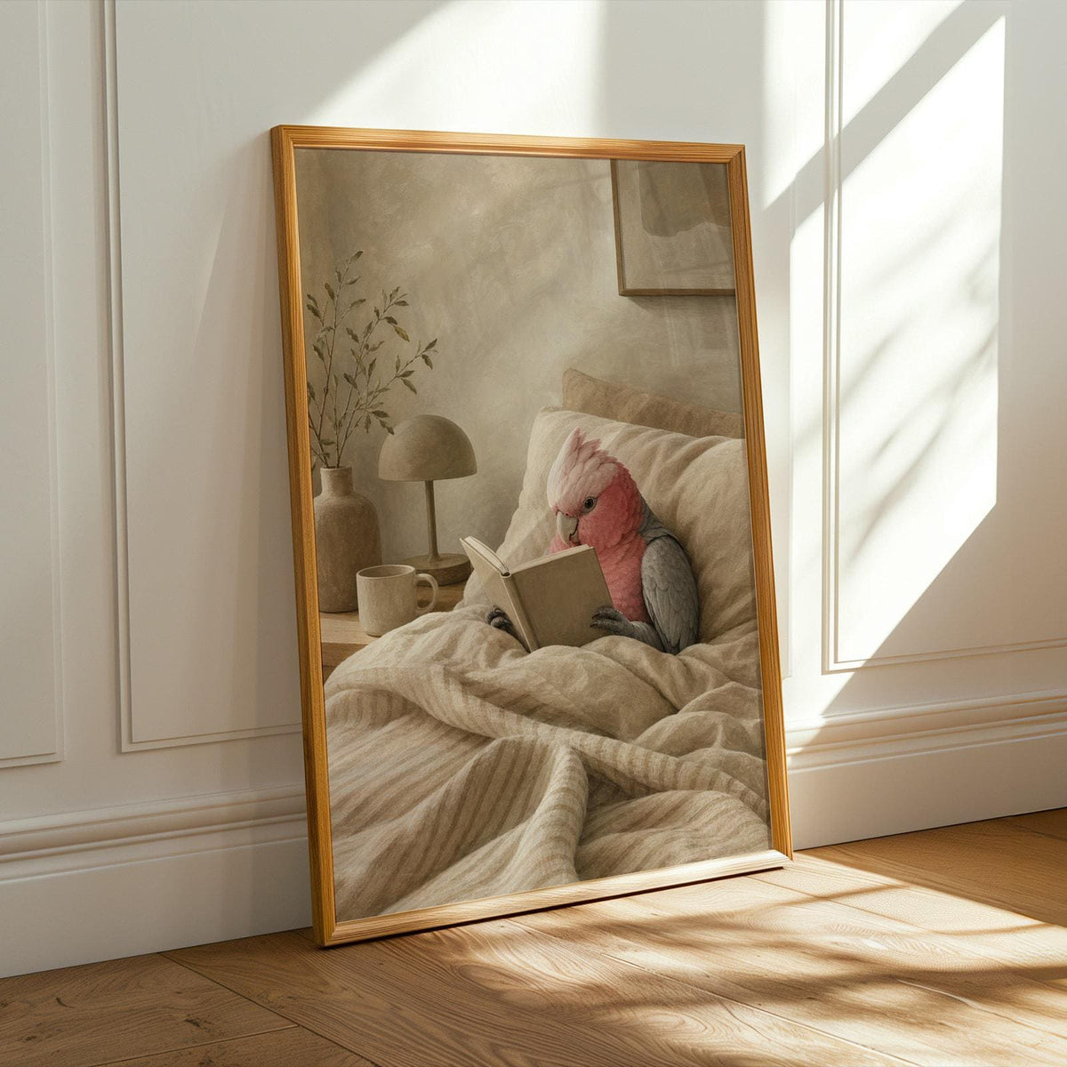 Alternate product presentation of Galah Parrot Reading in Bed Poster.
