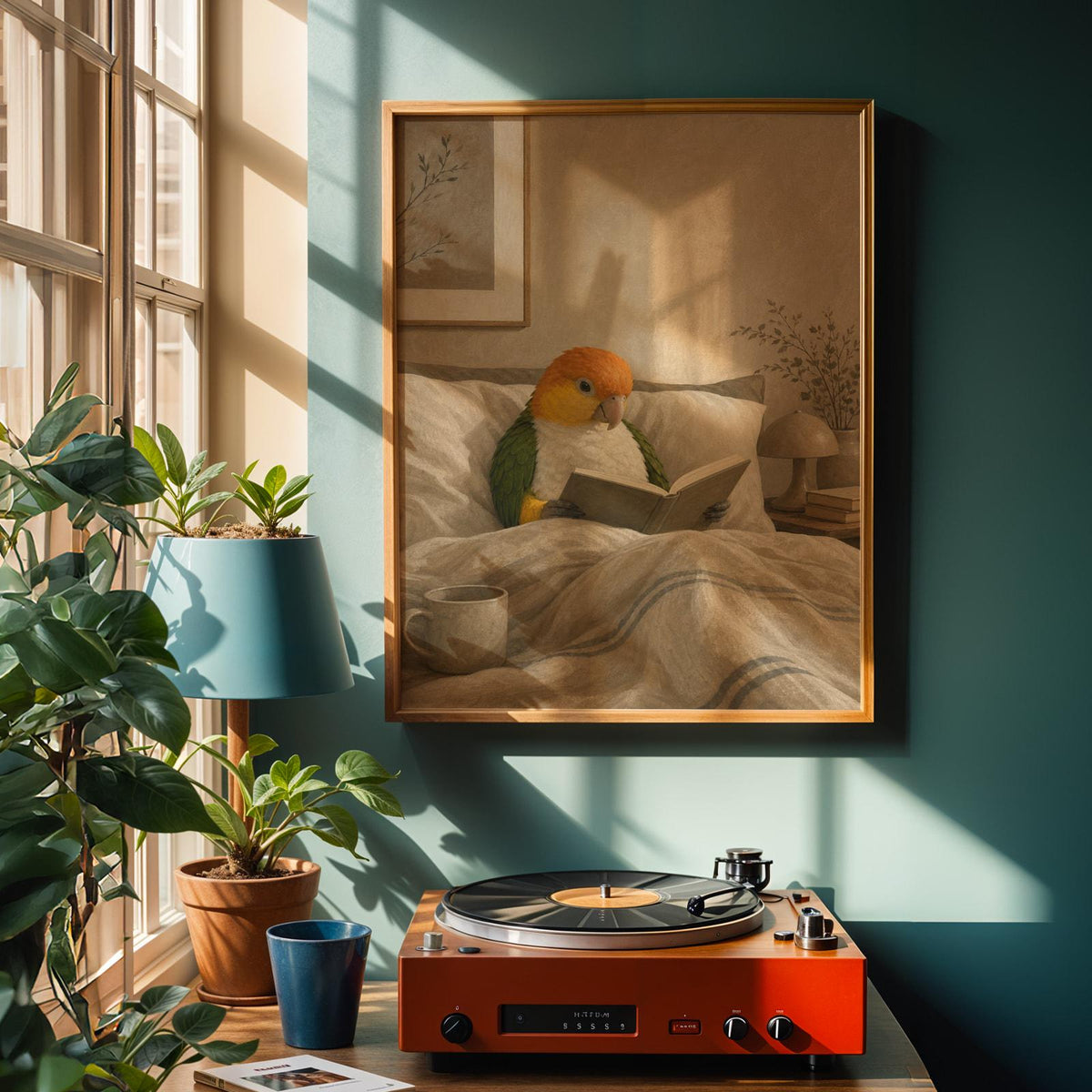 Alternate product view of White Bellied Caique Reading in Bed Poster.