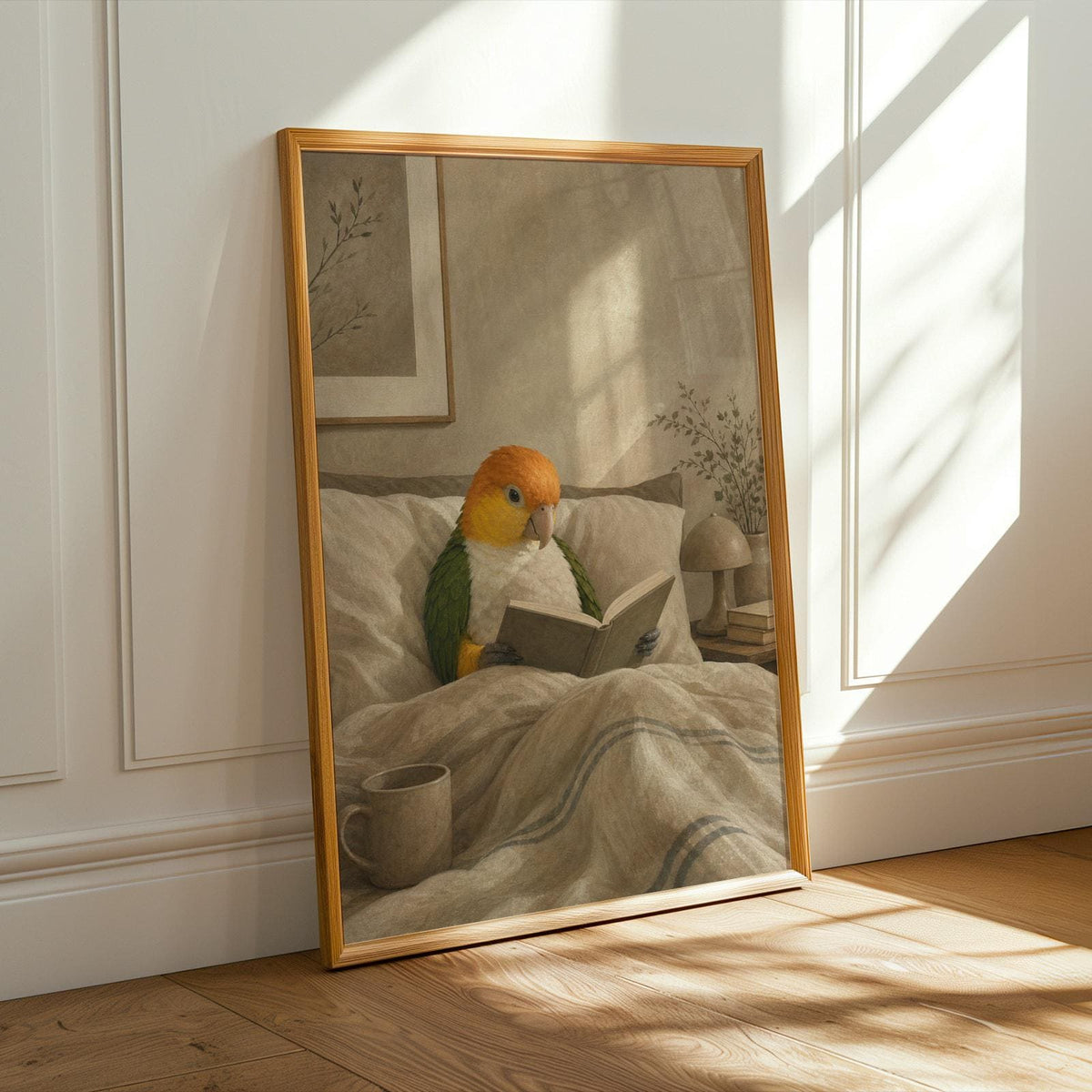Alternate product presentation of White Bellied Caique Reading in Bed Poster.