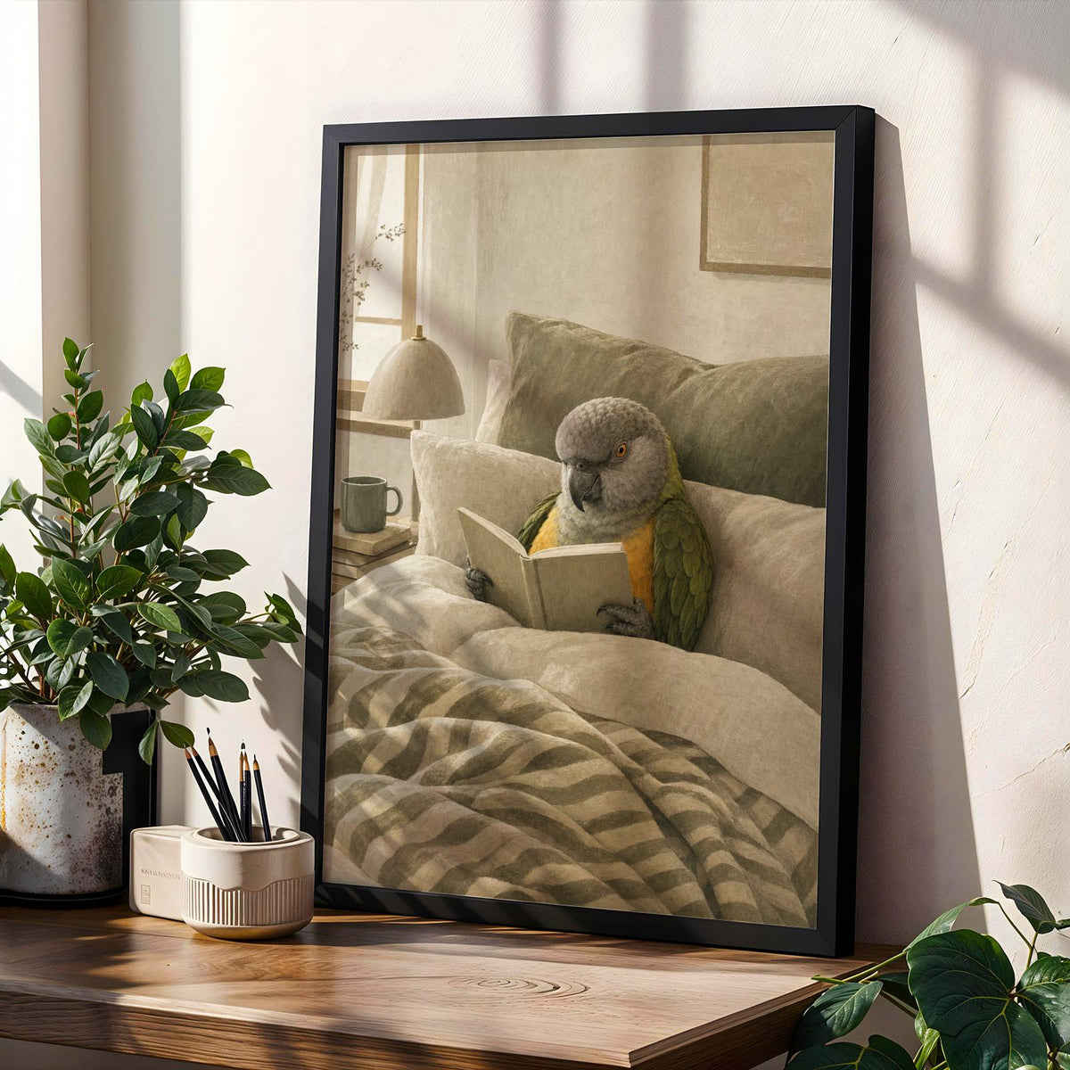 Product gallery view of Senegal Parrot Reading in Bed Poster.