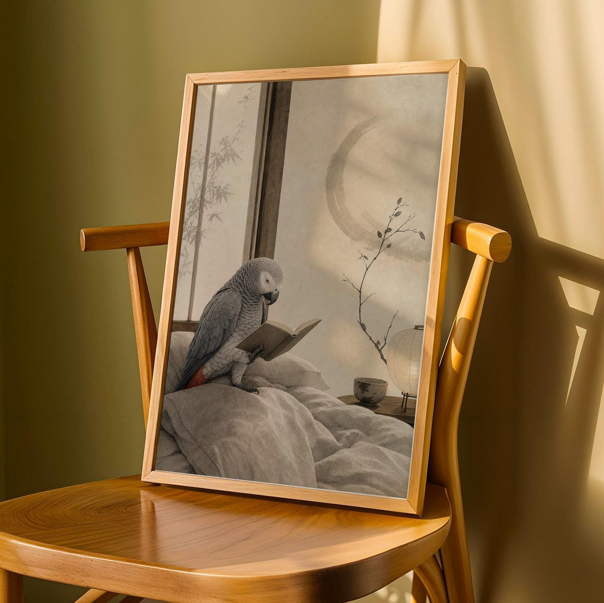 Product detail view of African Grey Parrot Reading in Bed Poster.