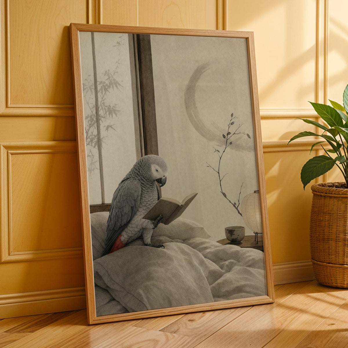 Additional product presentation of African Grey Parrot Reading in Bed Poster.