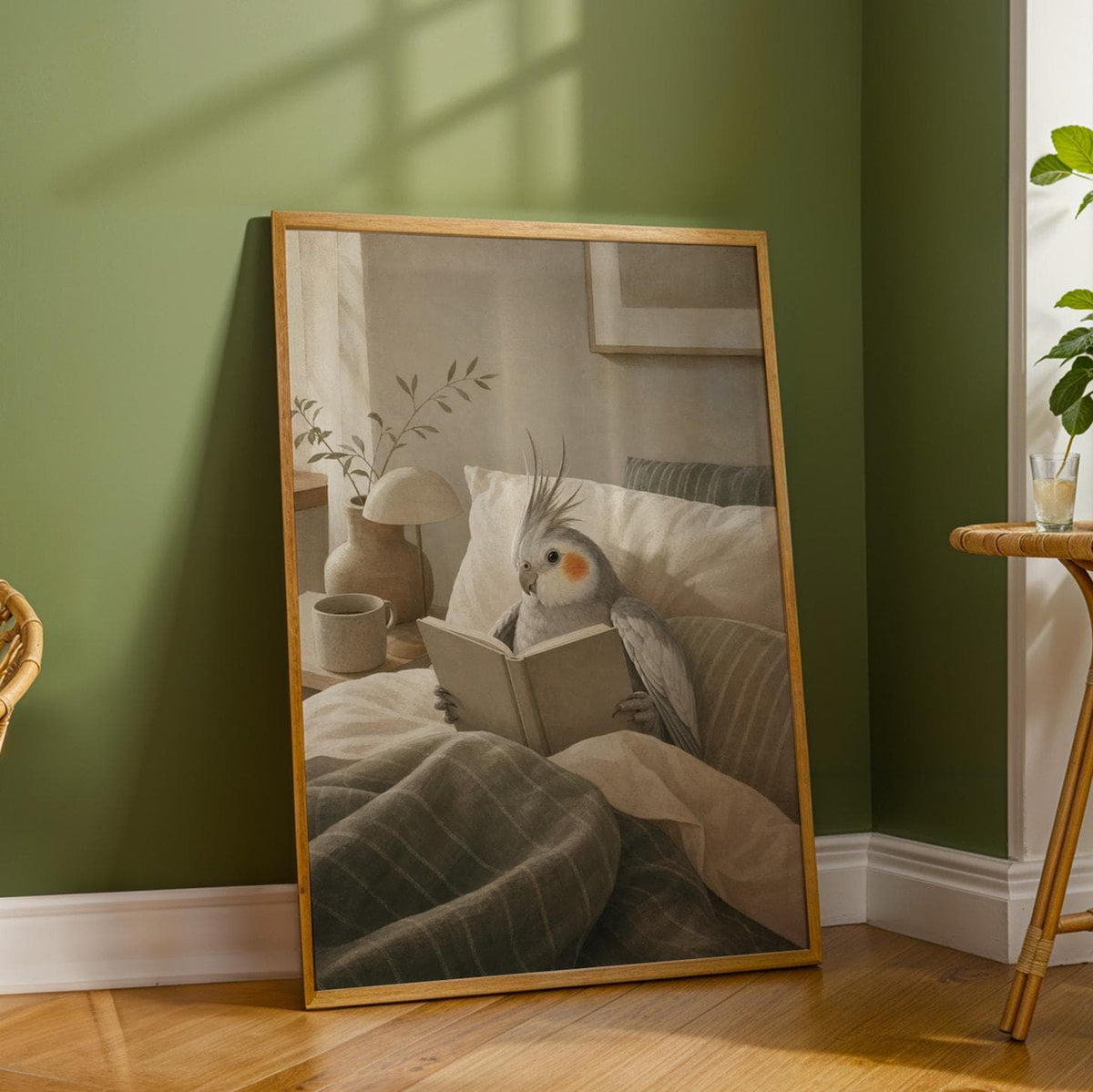 Additional product detail of Silver Cockatiel Reading in Bed Poster.