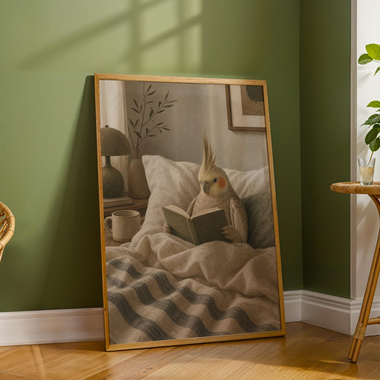 Additional product detail of Cinnamon Cockatiel Reading in Bed Poster.