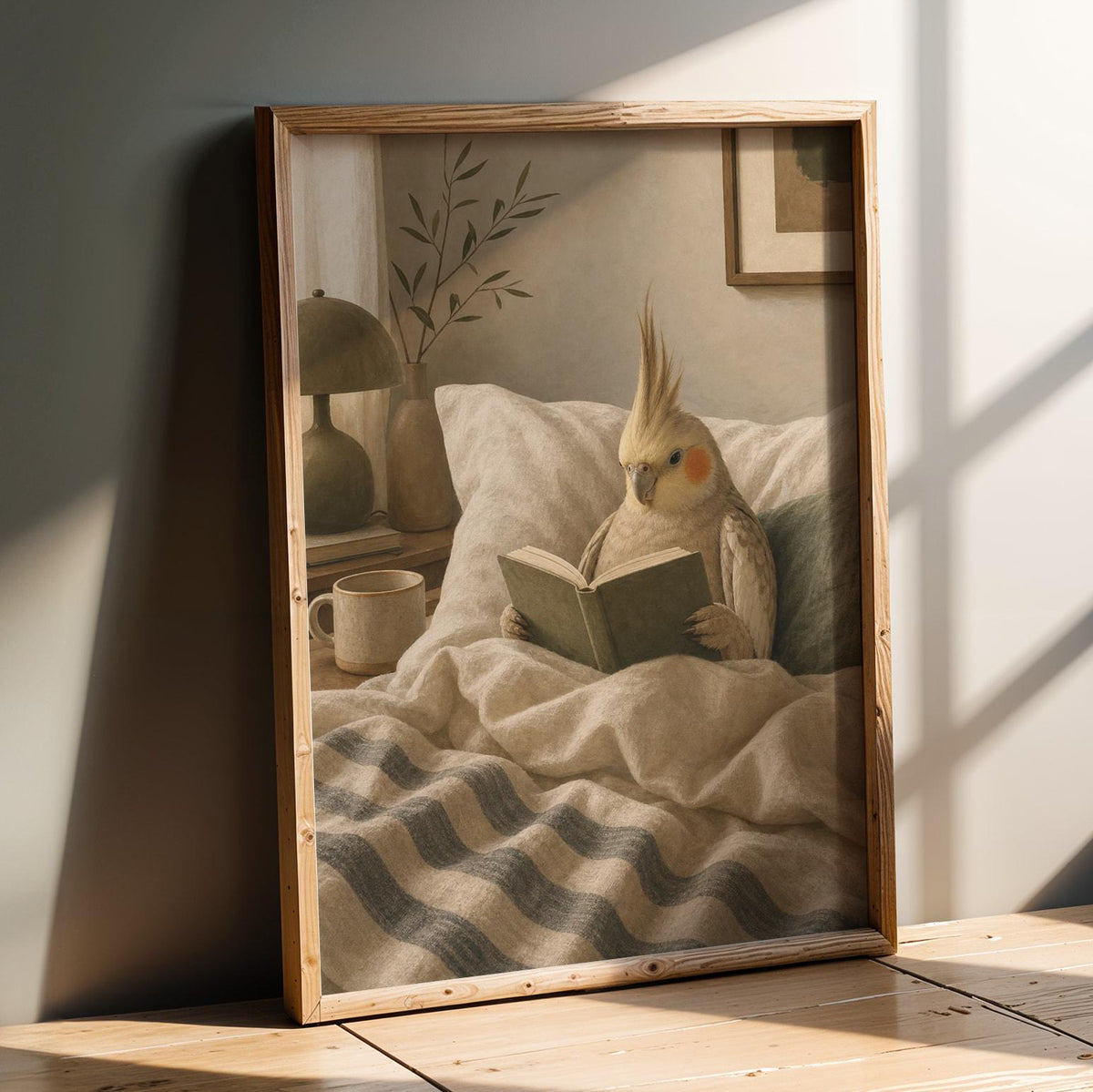 Product presentation view of Cinnamon Cockatiel Reading in Bed Poster.